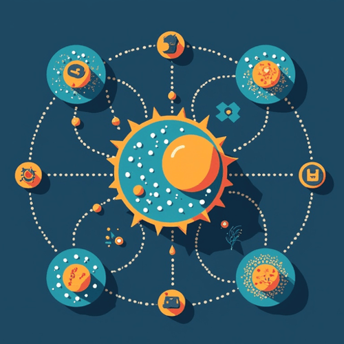 AI Design for Logo for a research group. A bacterial E. coli cell is at the center. Connections to microgiology, microfluidics, theoretical modeling, computational modeling extend from the cell into their individual icons. Style is flat, colourful.