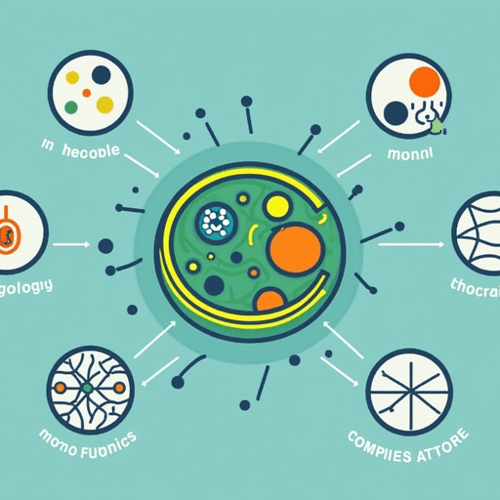 AI Design for Logo for a research group. A bacterial E. coli cell is at the center. Connections to microgiology, microfluidics, theoretical modeling, computational modeling extend from the cell into their individual icons. Style is flat, colourful.