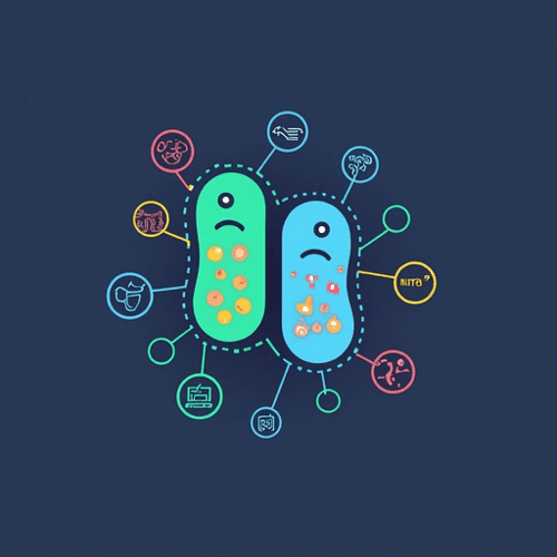 AI Design for Logo for a microbial ecology research group. Two interacting bacterial E. coli cells are at the center. Connections to microscopy, microfluidics, theoretical modeling, computational modeling extend from the cells into their individual icons. Style is flat, colourful.