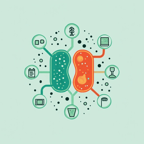 AI Design for Logo for a microbial ecology research group. Two interacting bacterial E. coli cells are at the center. Connections to microscopy, microfluidics, theoretical modeling, computational modeling extend from the cells into their individual icons. Style is flat, colourful.