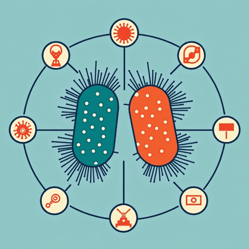 AI Design for Logo for a microbial ecology research group. Two interacting bacterial E. coli cells are at the center. Connections to microscopy, microfluidics, theoretical modeling, computational modeling extend from the cells into their individual icons. Style is flat, colourful.