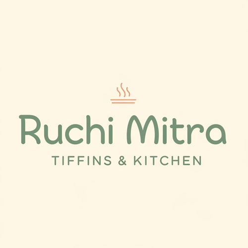 AI Design for Design a minimal, modern logo for a food brand named “Ruchi Mitra – Tiffins & Kitchen”.

Style: Clean, premium, pastel aesthetic.
Typography: Modern sans-serif font (soft, rounded, elegant).
Layout: Centered wordmark.

“Ruchi Mitra” should be the main focus.
“Tiffins & Kitchen” should appear below in smaller uppercase letters with wide spacing.

Add a very subtle and thin steam line icon above the name (2–3 curved lines only).
Do NOT use chef hats, dosa illustrations, plates, or cartoon icons.

Color palette:
Primary text color: Sage green (#7A8F7A or similar soft muted green).
Background: Warm cream / off-white.
Accent: Very minimal soft peach if needed.

Keep the design minimal, airy, and timeless.
No heavy shadows, no gradients, no clutter.
Flat design only.