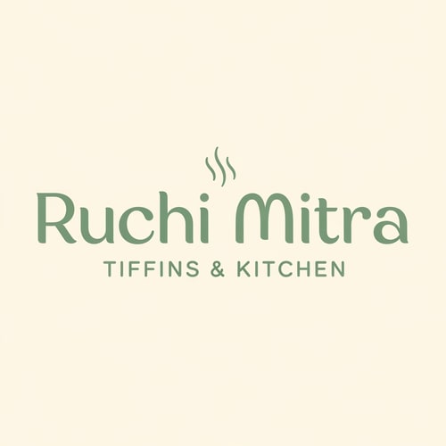 AI Design for Design a minimal, modern logo for a food brand named “Ruchi Mitra – Tiffins & Kitchen”.

Style: Clean, premium, pastel aesthetic.
Typography: Modern sans-serif font (soft, rounded, elegant).
Layout: Centered wordmark.

“Ruchi Mitra” should be the main focus.
“Tiffins & Kitchen” should appear below in smaller uppercase letters with wide spacing.

Add a very subtle and thin steam line icon above the name (2–3 curved lines only).
Do NOT use chef hats, dosa illustrations, plates, or cartoon icons.

Color palette:
Primary text color: Sage green (#7A8F7A or similar soft muted green).
Background: Warm cream / off-white.
Accent: Very minimal soft peach if needed.

Keep the design minimal, airy, and timeless.
No heavy shadows, no gradients, no clutter.
Flat design only.