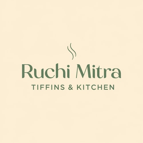 AI Design for Design a minimal, modern logo for a food brand named “Ruchi Mitra – Tiffins & Kitchen”.

Style: Clean, premium, pastel aesthetic.
Typography: Modern sans-serif font (soft, rounded, elegant).
Layout: Centered wordmark.

“Ruchi Mitra” should be the main focus.
“Tiffins & Kitchen” should appear below in smaller uppercase letters with wide spacing.

Add a very subtle and thin steam line icon above the name (2–3 curved lines only).
Do NOT use chef hats, dosa illustrations, plates, or cartoon icons.

Color palette:
Primary text color: Sage green (#7A8F7A or similar soft muted green).
Background: Warm cream / off-white.
Accent: Very minimal soft peach if needed.

Keep the design minimal, airy, and timeless.
No heavy shadows, no gradients, no clutter.
Flat design only.
