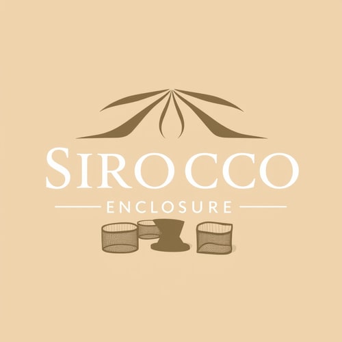AI Design for make a logo based on this:-Name of product: Sirocco Enclosures -Product: High-End Retractable Glass Patio Enclosure -Style: Elegant/Luxurious yet minimalistic/simple. -Color Palette: Tuscan/Mediterranean/Sandy colors: Sandy/Browns/Slate Blue/Olive no bold colors