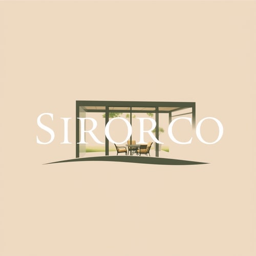 AI Design for make a logo based on this:-Name of product: Sirocco Enclosures -Product: High-End Retractable Glass Patio Enclosure -Style: Elegant/Luxurious yet minimalistic/simple. -Color Palette: Tuscan/Mediterranean/Sandy colors: Sandy/Browns/Slate Blue/Olive no bold colors