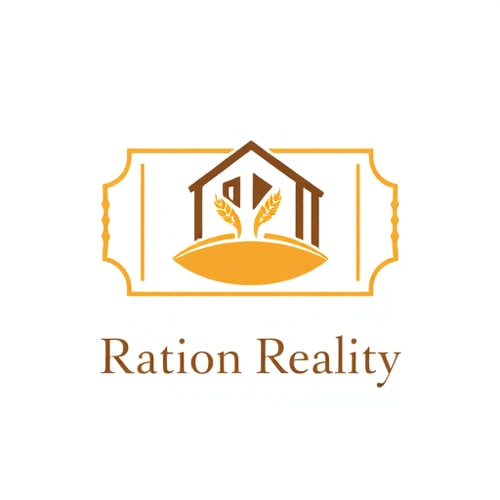 AI Design for Logo Concept:coupon ticket outline as the main shape.a grain sack with wheat/rice grains.a minimal outline of a house / apartment building.brand name “Ration Reality” in elegant, stylish typography.