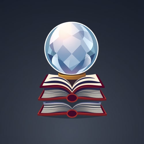 AI Design for Create an icon that contains crystal ball and book, the style should be flat 