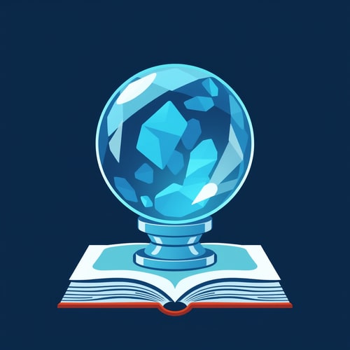 AI Design for Create an icon that contains crystal ball and book, the style should be flat 