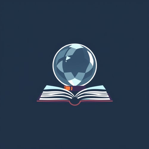 AI Design for Create an icon that contains crystal ball and book, the style should be flat 