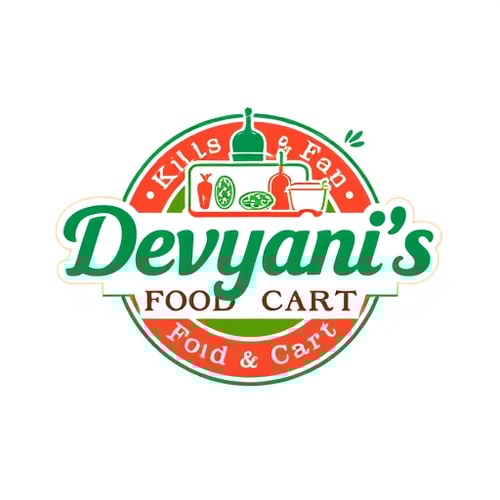 AI Design for design a logo for a food cart called "Devyani's Food Cart". use red, royal blue, royal green or black and white color for it. the menu will consist of variety of indian and western food make it creative
