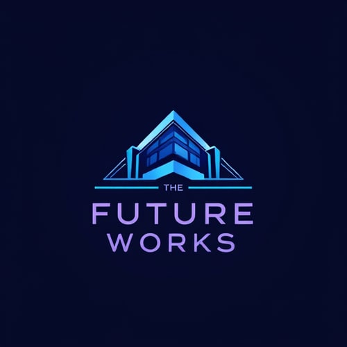 AI Design for i want a logo design which the text says " WHERE THE FUTURE WORKS" and it should represent some futuristic vibe as well as it has to be an real estate agency also plus the bg and the color should follow up the future kind.