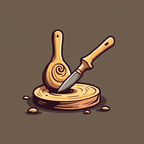 AI Design for I need a logo illustrating a piece of turning wood and a chisel taking carving from the spinning wood. The style is simple