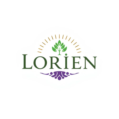 AI Design for “Design a logo for a company named Lorien, embodying values of Abundance, Stability, Visionary thinking, Magic, Community, and Grit. Use an ancient, solid font that feels strong and grounded, with the letter ‘O’ as a central icon symbolizing tree rings and growth. The ‘O’ should have a small sprout or crown emerging organically, representing renewal and leadership. Integrate a subtle foundation at the bottom of the letters for stability, and add a soft, radiating pattern around the design to convey community and abundance. Include lilac accents for a mystical touch. The ‘O’ icon should also work well as a standalone symbol.”