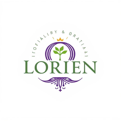 AI Design for “Design a logo for a company named Lorien, embodying values of Abundance, Stability, Visionary thinking, Magic, Community, and Grit. Use an ancient, solid font that feels strong and grounded, with the letter ‘O’ as a central icon symbolizing tree rings and growth. The ‘O’ should have a small sprout or crown emerging organically, representing renewal and leadership. Integrate a subtle foundation at the bottom of the letters for stability, and add a soft, radiating pattern around the design to convey community and abundance. Include lilac accents for a mystical touch. The ‘O’ icon should also work well as a standalone symbol.”
