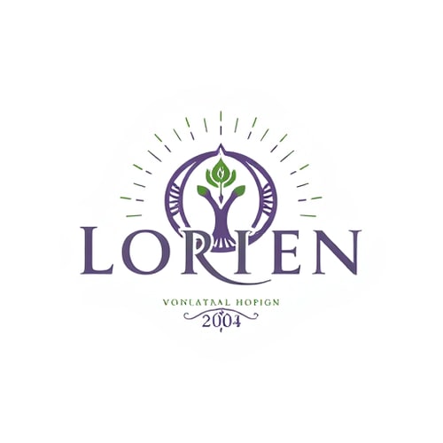 AI Design for “Design a logo for a company named Lorien, embodying values of Abundance, Stability, Visionary thinking, Magic, Community, and Grit. Use an ancient, solid font that feels strong and grounded, with the letter ‘O’ as a central icon symbolizing tree rings and growth. The ‘O’ should have a small sprout or crown emerging organically, representing renewal and leadership. Integrate a subtle foundation at the bottom of the letters for stability, and add a soft, radiating pattern around the design to convey community and abundance. Include lilac accents for a mystical touch. The ‘O’ icon should also work well as a standalone symbol.”