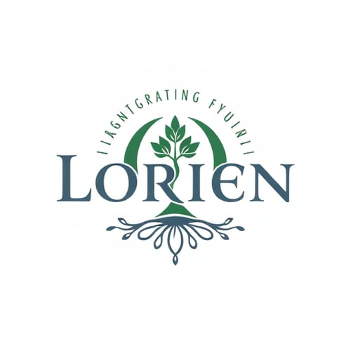 AI Design for “Design a logo for a company named Lorien, embodying values of Abundance, Stability, Visionary thinking, Magic, Community, and Grit. Use an ancient, solid font that feels strong and grounded, with the letter ‘O’ as a central icon symbolizing tree rings and growth. The ‘O’ should have a small sprout or crown emerging organically, representing renewal and leadership. Integrate a subtle foundation at the bottom of the letters for stability, and add a soft, radiating pattern around the design to convey community and abundance. Include lilac accents for a mystical touch. The ‘O’ icon should also work well as a standalone symbol.”