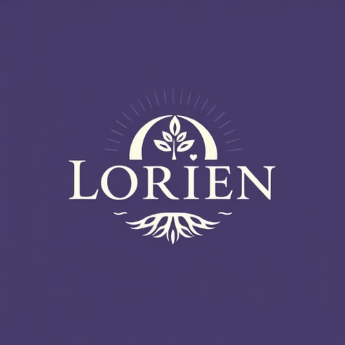 AI Design for “Design a logo for a company named Lorien, embodying values of Abundance, Stability, Visionary thinking, Magic, Community, and Grit. Use an ancient, solid font that feels strong and grounded, with the letter ‘O’ as a central icon symbolizing tree rings and growth. The ‘O’ should have a small sprout or crown emerging organically, representing renewal and leadership. Integrate a subtle foundation at the bottom of the letters for stability, and add a soft, radiating pattern around the design to convey community and abundance. Include lilac accents for a mystical touch. The ‘O’ icon should also work well as a standalone symbol.”