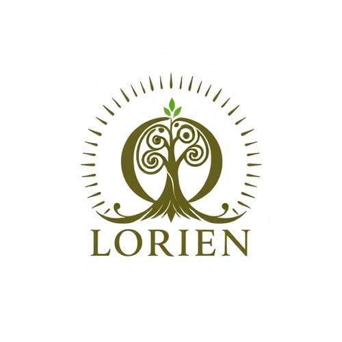 AI Design for “Design a logo for a company named Lorien, embodying values of Abundance, Stability, Visionary thinking, Magic, Community, and Grit. Use an ancient, solid font that feels strong and grounded, with the letter ‘O’ as a central icon symbolizing tree rings and growth. The ‘O’ should have a small sprout or crown emerging organically, representing renewal and leadership. Integrate a subtle foundation at the bottom of the letters for stability, and add a soft, radiating pattern around the design to convey community and abundance. Include lilac accents for a mystical touch. The ‘O’ icon should also work well as a standalone symbol.”