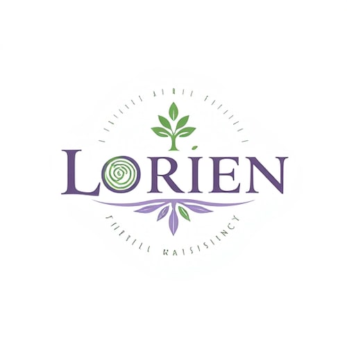 AI Design for “Design a logo for a company named Lorien, embodying values of Abundance, Stability, Visionary thinking, Magic, Community, and Grit. Use an ancient, solid font that feels strong and grounded, a central icon symbolizing tree rings and growth. The ‘O’ should have a small sprout or crown emerging organically, representing renewal and leadership. Integrate a subtle foundation at the bottom of the letters for stability, and add a soft, radiating pattern around the design to convey community and abundance. Include lilac accents for a mystical touch. The ‘O’ icon should also work well as a standalone symbol.”