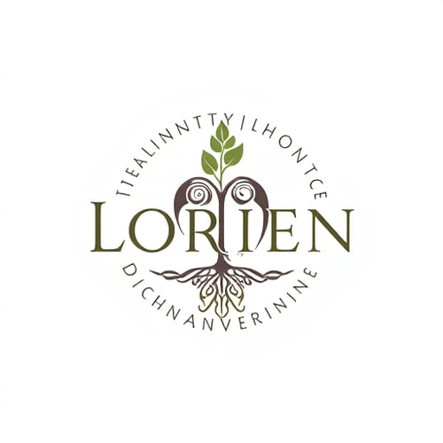 AI Design for “Design a logo for a company named Lorien, embodying values of Abundance, Stability, Visionary thinking, Magic, Community, and Grit. Use an ancient, solid font that feels strong and grounded, a central icon symbolizing tree rings and growth. The ‘O’ should have a small sprout or crown emerging organically, representing renewal and leadership. Integrate a subtle foundation at the bottom of the letters for stability, and add a soft, radiating pattern around the design to convey community and abundance. Include lilac accents for a mystical touch. The ‘O’ icon should also work well as a standalone symbol.”