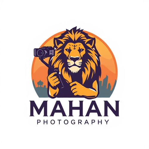 AI Design for create me a logo for Mahan Photography stylish Lion holding camera, gimbal with gradian background