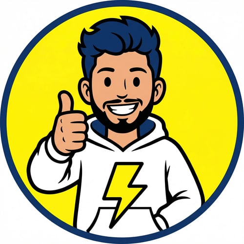 AI Design for A cheerful young boy avatar wearing a white hooded sweatshirt featuring a prominent lightning bolt graphic on the chest kangaroo pocket area, displaying a wide, happy smile showing white teeth, and giving a thumbs-up gesture directly toward the viewer. — Tight, centered portrait framing the subject from the chest up within a perfect circular crop, with direct eye contact. — Restricted to primary and bold colors; dominant white, black, dark blue, and bright yellow. — High-key, even studio lighting creating a cheerful, friendly, and approachable mood. — High-contrast, clean graphic design cartoon illustration defined by uniformly thick black outlines and flat, bold color fills. — Incorporate the specific facial features, expression, and eye structure from the provided reference image while maintaining the requested cartoon aesthetic; no gradients or textures. — A flat, bright yellow circular background with a defined, solid dark blue outer border.