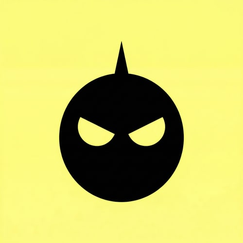 AI Design for A highly minimal, intimidating esports mascot featuring a perfectly round black sphere head. The head is topped with a single, small, sharp spike projecting vertically. The face contains only two slightly tilted oval yellow eyes, conveying an intense, expressive stare. — Professional, centered, and perfectly symmetrical view, designed as a tight logo graphic with strong visual impact, graphic design — Dominant palette of solid black for the character silhouette and bright, high-saturation yellow for the background and eyes — Flat, graphic lighting that eliminates all dimensionality and shading, ensuring a bold, high-contrast, professional feel — Modern digital illustration utilizing crisp, geometric vector graphics suitable for branding; graphic design — Strictly flat design; avoid all gradients, shadows, 3D effects, textures, and line work; no text, logos, or labels whatsoever — A solid, uniform, brilliant yellow color field filling the entire canvas.