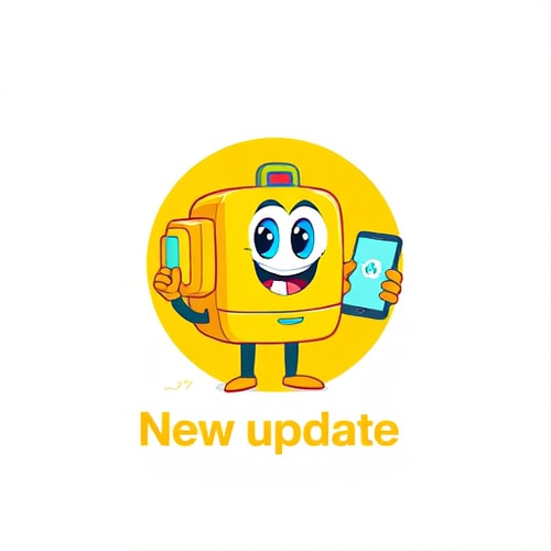 AI Design for :Create a flat vector, illustrative-style mascot logo design for a social media channel named 'New updates RSD', featuring an animated character representing a video camera with a friendly face, holding a smartphone displaying notifications. Use cheerful colors like yellow and aqua to convey friendliness and social connection against a white background. Do not show any realistic photo detail shading.