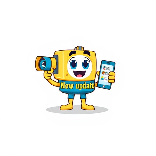 AI Design for :Create a flat vector, illustrative-style mascot logo design for a social media channel named 'New updates RSD', featuring an animated character representing a video camera with a friendly face, holding a smartphone displaying notifications. Use cheerful colors like yellow and aqua to convey friendliness and social connection against a white background. Do not show any realistic photo detail shading.