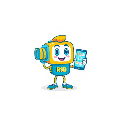 AI Design for :Create a flat vector, illustrative-style mascot logo design for a social media channel named 'New updates RSD', featuring an animated character representing a video camera with a friendly face, holding a smartphone displaying notifications. Use cheerful colors like yellow and aqua to convey friendliness and social connection against a white background. Do not show any realistic photo detail shading.