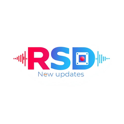 AI Design for Create a flat vector, illustrative-style abstract concept logo design for a social media channel named 'New updates RSD', illustrating sound waves and video frames merging into the letters 'RSD' to represent audio-visual content. Use a gradient color scheme of red and blue to convey creativity and cutting-edge technology against a white background. Do not show any realistic photo detail shading.