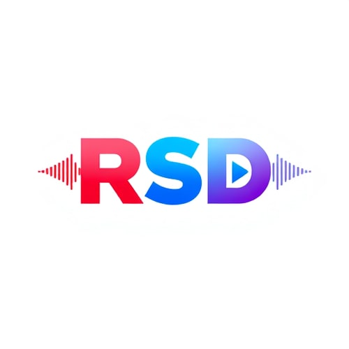 AI Design for Create a flat vector, illustrative-style abstract concept logo design for a social media channel named 'New updates RSD', illustrating sound waves and video frames merging into the letters 'RSD' to represent audio-visual content. Use a gradient color scheme of red and blue to convey creativity and cutting-edge technology against a white background. Do not show any realistic photo detail shading.