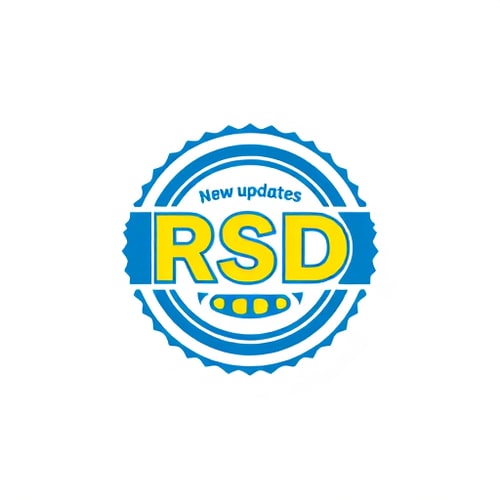 AI Design for Create a flat vector, illustrative-style emblem logo design for a social media channel named 'New updates RSD', where 'RSD' is encased within a circular badge, incorporating a video play button motif to emphasize the video aspect. Use bold blue and yellow colors to highlight energy and creativity against a white background. Do not show any realistic photo detail shading.