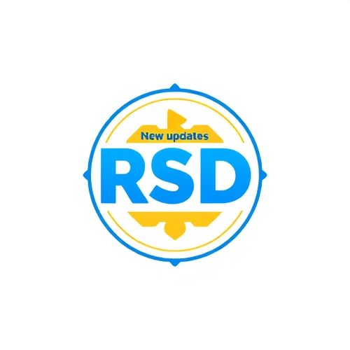 AI Design for Create a flat vector, illustrative-style emblem logo design for a social media channel named 'New updates RSD', where 'RSD' is encased within a circular badge, incorporating a video play button motif to emphasize the video aspect. Use bold blue and yellow colors to highlight energy and creativity against a white background. Do not show any realistic photo detail shading.
