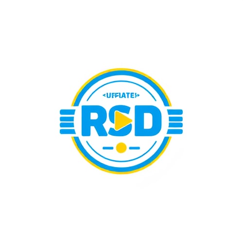 AI Design for Create a flat vector, illustrative-style emblem logo design for a social media channel named 'New updates RSD', where 'RSD' is encased within a circular badge, incorporating a video play button motif to emphasize the video aspect. Use bold blue and yellow colors to highlight energy and creativity against a white background. Do not show any realistic photo detail shading.
