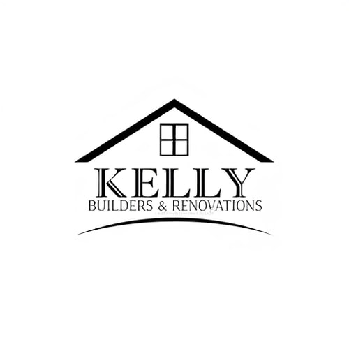 AI Design for A classy, sophisticated, simple logo for a company called Kelly Builders & Renovations. The logo will be black with a white background, and will feature a simple, streamlined, silhouette, flat icon of a roof and window with a curved line underneath.