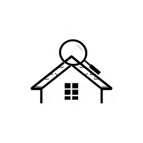 AI Design for A very simple solid black icon representing roof inspection. The icon shows a roof with rectangular shingles on top of a house, with a large magnifying glass above the roof. The magnifying glass is in front of the roof on top of the roof above the house. The icon is filled with solid black and the background is white.
