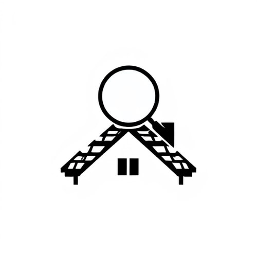 AI Design for A very simple solid black icon representing roof inspection. The icon shows a roof with rectangular shingles on top of a house, with a large magnifying glass above the roof. The magnifying glass is in front of the roof on top of the roof above the house. The icon is filled with solid black and the background is white.