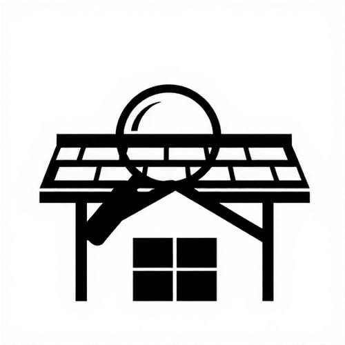 AI Design for A very simple solid black icon representing roof inspection. The icon shows a roof with rectangular shingles on top of a house, with a large magnifying glass above the roof. The magnifying glass is in front of the roof on top of the roof above the house. The icon is filled with solid black and the background is white.