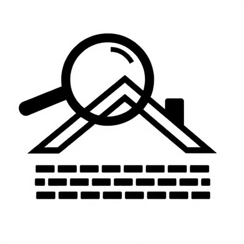 AI Design for A very simple solid black icon representing roof inspection. The icon shows a roof with rectangular shingles on top of a house, with a large magnifying glass above the roof. The magnifying glass is in front of the roof on top of the roof above the house. The icon is filled with solid black and the background is white.