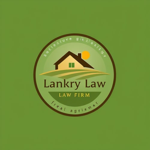 AI Design for circle logo, with house farm and field, Law firm, write "lankry law" focus on agriculture and real estate market. colors green, brown and yellow. warm colors.