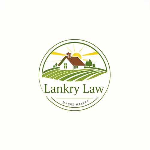 AI Design for circle logo, with house farm and field, Law firm, write "lankry law" focus on agriculture and real estate market. colors green, brown and yellow. warm colors.