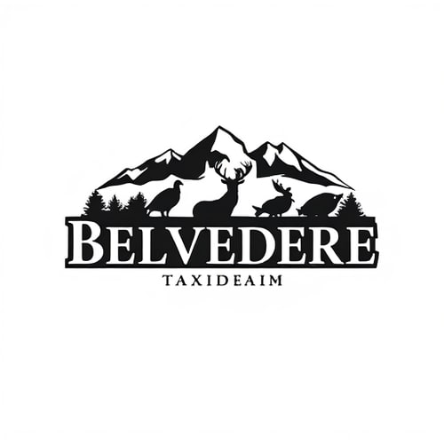 AI Design for Create a logo for Business Name “Belvedere Mountain Taxidermy”, Business Products / Services “Taxidermy & tanning services on a variety of game including large game, small game, fish and birds”, specific type of graphical element i would want to see in logo “Mountain range in the back, with a deer silhouette, fish silhouette, Turkey silhouette”, specific type of color i would want to see in Logo “Mostly black”, Look and Feel of Logo “Professional”