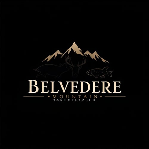 AI Design for Create a logo for Business Name “Belvedere Mountain Taxidermy”, Business Products / Services “Taxidermy & tanning services on a variety of game including large game, small game, fish and birds”, specific type of graphical element i would want to see in logo “Mountain range in the back, with a deer silhouette, fish silhouette, Turkey silhouette”, specific type of color i would want to see in Logo “Mostly black”, Look and Feel of Logo “Professional”