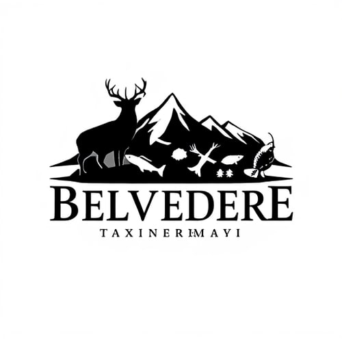 AI Design for Create a logo for Business Name “Belvedere Mountain Taxidermy”, Business Products / Services “Taxidermy & tanning services on a variety of game including large game, small game, fish and birds”, specific type of graphical element i would want to see in logo “Mountain range in the back, with a deer silhouette, fish silhouette, Turkey silhouette”, specific type of color i would want to see in Logo “Mostly black”, Look and Feel of Logo “Professional”