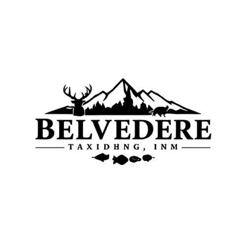 AI Design for Create a logo for Business Name “Belvedere Mountain Taxidermy”, Business Products / Services “Taxidermy & tanning services on a variety of game including large game, small game, fish and birds”, specific type of graphical element i would want to see in logo “Mountain range in the back, with a deer silhouette, fish silhouette, Turkey silhouette”, specific type of color i would want to see in Logo “Mostly black”, Look and Feel of Logo “Professional”