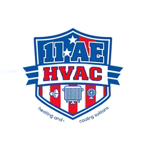AI Design for A shield-shaped emblem with the text "1 AE HVAC" in bold, blue letters. Below the text is the tagline "heating and cooling solutions". The background of the shield is red, white, and blue, representing the USA flag. There are graphical elements related to heating and cooling, such as a radiator and a fan. The overall logo has a vintage feel.