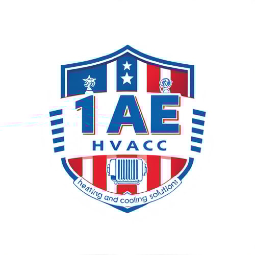 AI Design for A shield-shaped emblem with the text "1 AE HVAC" in bold, blue letters. Below the text is the tagline "heating and cooling solutions". The background of the shield is red, white, and blue, representing the USA flag. There are graphical elements related to heating and cooling, such as a radiator and a fan. The overall logo has a vintage feel.