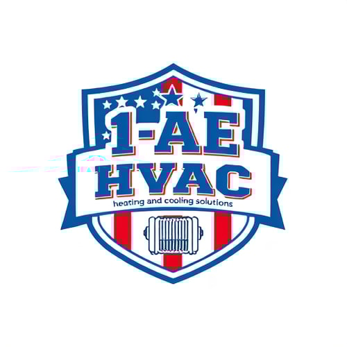 AI Design for A shield-shaped emblem with the text "1 AE HVAC" in bold, blue letters. Below the text is the tagline "heating and cooling solutions". The background of the shield is red, white, and blue, representing the USA flag. There are graphical elements related to heating and cooling, such as a radiator and a fan. The overall logo has a vintage feel.